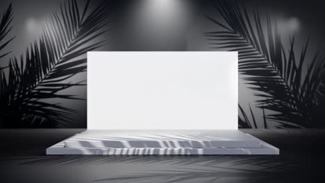 white-blank-screen-product-display-with-palm-tree-gentle-breeze-on-black-background-e-commerce-online-shop-sell-discount