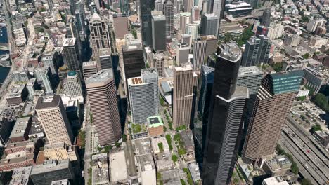 Overhead-drone-shot-of-skyscrapers-in-downtown-Seattle-featuring-Columbia-Tower