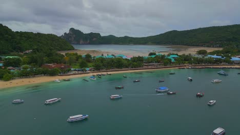 AERIAL-VIEW-IN-KOH-PHI-PHI,-AFTER-TSUNAMI,-DRONE-4K,-TRAVEL-TO-THAILAND