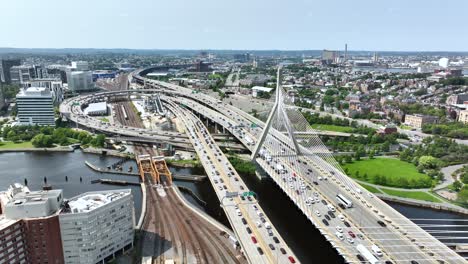 Drone-shot-of-traffic-building-up-on-Boston's-bridges
