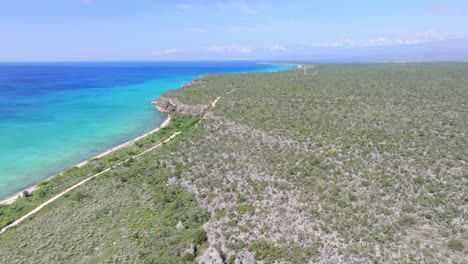 Turquoise-blue-coastline-of-the-Dominican-Republic,-remote-beach,-aerial