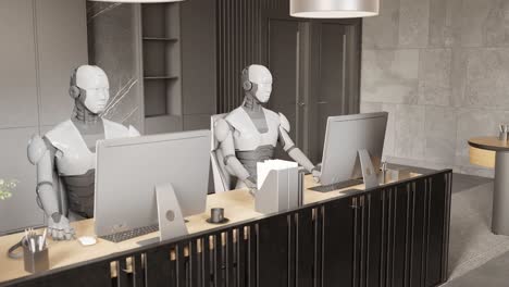 Ehepaar-Kollege-Eines-Futuristischen-Roboters,-Humanoider-Cyber,-Der-Im-Büro-Mit-Laptop-3D-Rendering-Animation-Zusammenarbeitet