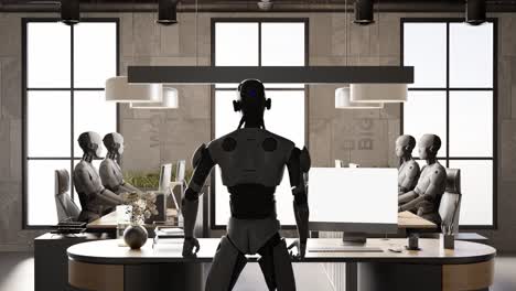 Team-Von-Futuristischen-Robotern,-Humanoiden-Cyber-Anführern-Für-Künstliche-Intelligenz,-Koordinieren-Die-Arbeit-Im-Büro,-3D-Rendering-Animation