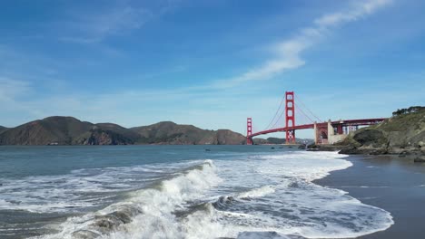 A-Bird's-eye-view-of-a-beautiful-beach-overlooking-the-Golden-Gate-Bridge-in-San-Francisco,-California