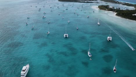 Aerial-View-Above-Boats-Docked-at-Marina-in-the-Bahamas,-Drone