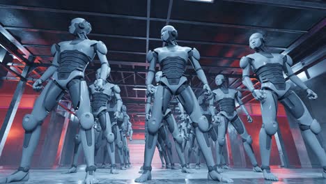 Fabrik-Für-Künstliche-Intelligenz-Von-Robotern,-Humanoiden-Cyber-Robotern,-Die-Ihren-Kopf-Hin-Und-Her-Bewegen,-Futuristische-Entwicklung,-3D-Rendering-Animation