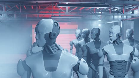 Nahaufnahme-Der-Fabrik-Für-Künstliche-Intelligenz-Eines-Humanoiden-Cyber-Roboters,-Der-Seinen-Kopf-Hin-Und-Her-Bewegt,-Futuristische-Entwicklung,-3D-Rendering-Animation