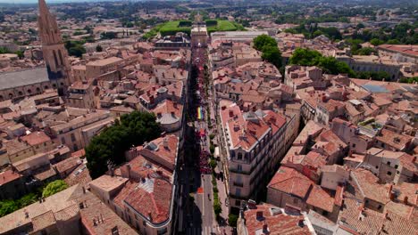 Pride-march-aerial,-Montpellier's-historic-center