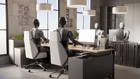 Team-Futuristischer-Roboter-Humanoid-Cyber,-Die-Im-Büro-Mit-Laptop-3D-Rendering-Animation-Zusammenarbeiten