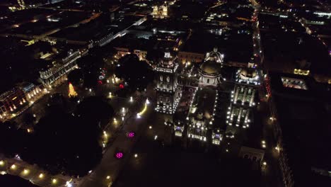 Night-aerial-shot-approaching-the-cathedral-of-Puebla-Mexico