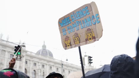 A-shot-of-a-sign-say-"White-silence-is-compliance"-and-showing-monkey-emojis-while-protesting-in-front-of-an-important-building-in-Vienna,-Austria