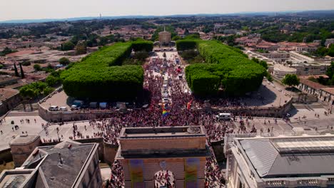 Aerial-view-of-Montpellier-pride-march,-France