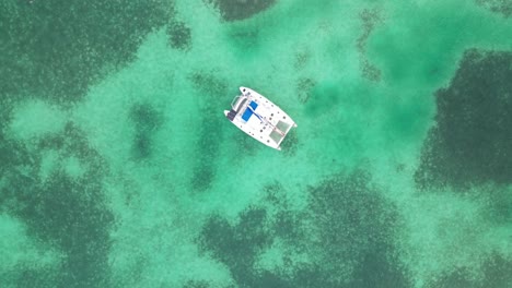 Drone-view-in-Belize-flying-still-over-caribbean-dark-and-light-blue-sea-top-view-shallow-water-coral-reef-and-a-boat