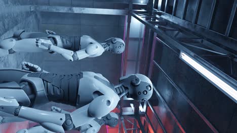 Vertical-De-La-Fábrica-De-Inteligencia-Artificial-De-Robot-Humanoide-Cibernético-Moviendo-Su-Cabeza-De-Lado-A-Lado-Desarrollo-Futurista-Animación-De-Renderizado-3d-Concepto-Iot-Ai