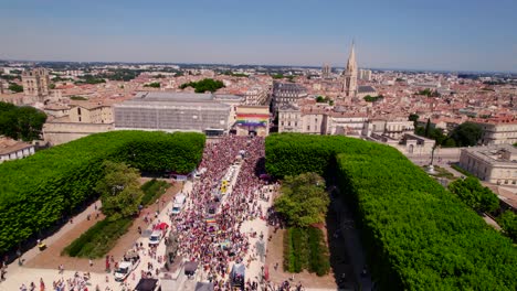 Montpellier-pride-march-from-above,-vibrant-scene