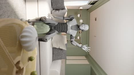 Vertical-Del-Saludo-Cibernético-Humanoide-Robot-Futurista-Mientras-Se-Sienta-En-Un-Moderno-Sofá-Sala-De-Estar-Animación-De-Renderizado-3d