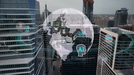 Digital-animation-of-global-networks-and-technology-icons-at-Google-skyscraper-in-America-city