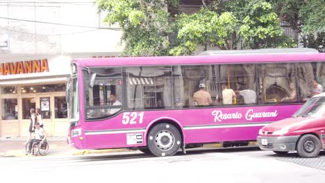 Pink-Magenta-Bus-Drives-next-to-a-Wheelchair-Handicapped-Person-at-City-Street-Intersection