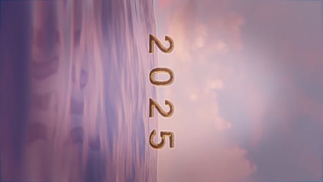 Vertical-De-Saludo-Feliz-Año-Nuevo-2025-Con-Paisaje-Escénico-Puesta-De-Sol-Sobre-Un-Paisaje-Marino-Tranquilo