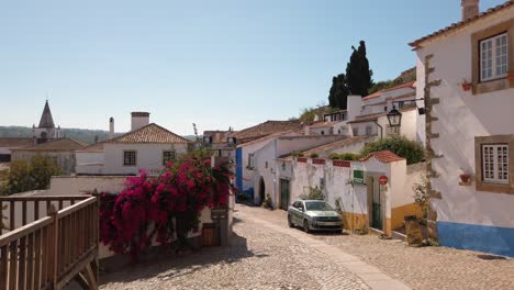 Portugal,-Óbidos,-Gemütliche-Traditionelle-Straße-Und-Häuser-Mit-Bunten-Blumen-An-Einem-Sonnigen-Tag