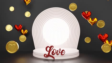 Ausstellungsprodukt-Mit-Herzhintergrund-In-Goldmünze-Und-Luftballons-Und-Liebesbriefen-Für-Die-Valentinstagsfeier,-Romantische-Paaraffäre,-Rendering-Animation,-E-Commerce-Onlineshop