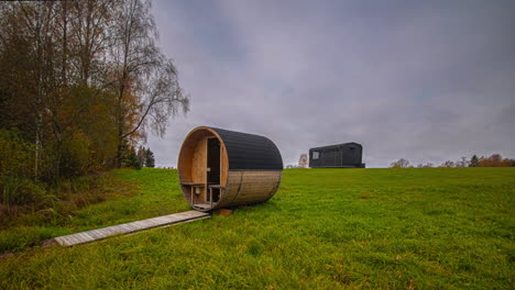 Long-time-lapse-of-an-outdoor-sauna-in-Latvia-passing-through-the-seasons