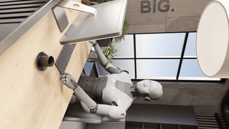 Künstliche-Intelligenz-übernimmt-Das-Konzept-Eines-Futuristischen-Roboter-Humanoid-Cyber-Teams,-Das-Im-Büro-Mit-Laptop-3D-Rendering-Zusammenarbeitet