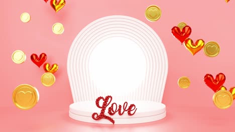 Ausstellungsprodukt-Mit-Herzhintergrund-In-Goldmünze-Und-Luftballons-Und-Liebesbriefen-Für-Die-Valentinstagsfeier,-Romantische-Paaraffäre,-Rendering-Animation,-E-Commerce-Onlineshop,-Roter-Hintergrund