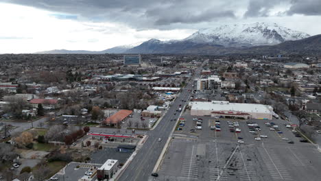 Aerial-view-of-Provo-Utah-flying-down-main-street