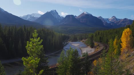 Empty-Pacific-Railway-track-at-Morants-curve-along-Bow-river-in-Banff-National-Park
