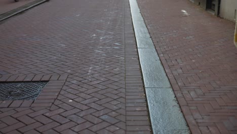 Blick-Nach-Oben-Auf-Die-Typische-Amsterdamer-Straße-Mit-Roller,-Der-Auf-Dem-Bürgersteig-Vorbeifährt