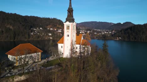 Cinematic-Establishing-Drone-Shot-of-Lake-Bled,-Romantic-Destination-in-Slovenia