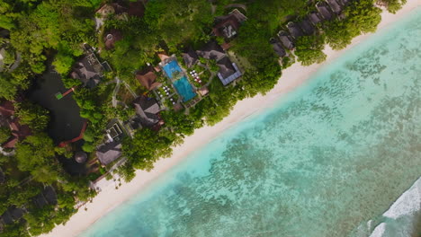 Aerial-drone-view-of-travel-destination-exotic-beach-resort-in-the-Seychelles-Islands