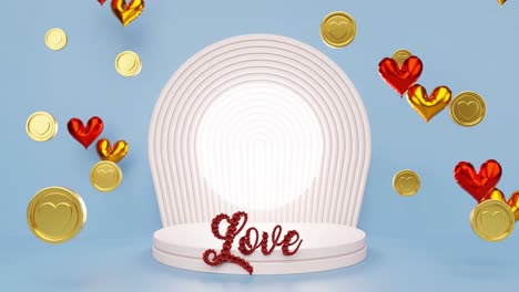 Präsentationsprodukt-Mit-Herzhintergrund-In-Goldmünze-Und-Luftballons-Und-Liebesbriefen-Für-Die-Valentinstagsfeier,-Romantische-Paaraffäre,-Rendering-Animation,-E-Commerce-Onlineshop-Auf-Blauem-Hintergrund