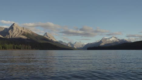 Calm-Maligne-Lake-with-distant-mountain-peaks-from-Canadian-Rockies