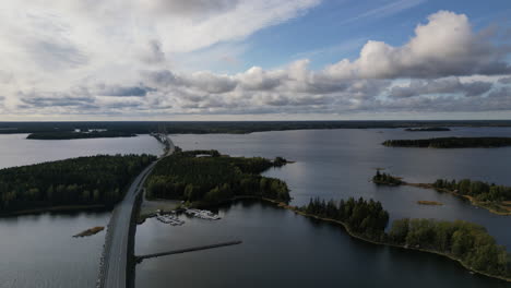 Wide-panorama-Aerial-of-bridges-connecting-archipelago-islands-in-Replot,-Finland