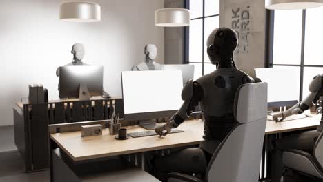 Colega-De-Equipo-De-Robot-Futurista-Cibernético-Humanoide-Trabajando-Juntos-En-La-Oficina-Con-Una-Computadora-Portátil-Animación-De-Renderizado-3d-Inteligencia-Artificial-Ai-Asumiendo-El-Concepto