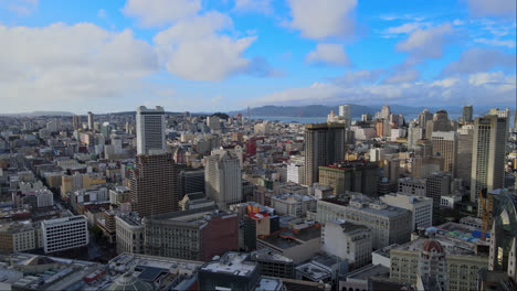 Aerial-of-San-Francisco-Union-Square-neighbourhood-under-clear-sky-with-Golden-Gate-Bridge-in-background,-California,-USA