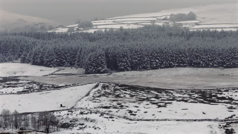 Long-Lens-Establishing-Drone-Shot-of-Yorkshire-Dales-Snowy-Pine-Trees
