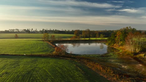 Drone-view-of-pond-on-Alabama-farm-in-the-morning