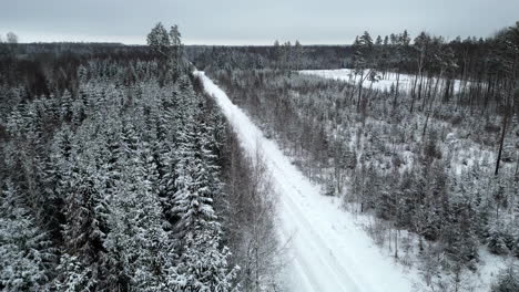 Remote-road-through-a-frozen,-snowy-forest---aerial-flyover