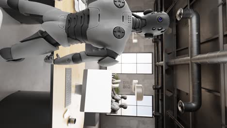 Künstliche-Intelligenz-übernimmt-Konzeptchef-Chefkoordinator-Kollege-Des-Futuristischen-Roboter-Humanoid-Cyber-Teams,-Das-Im-Büro-Mit-Laptop-3D-Rendering-Animation-Zusammenarbeitet