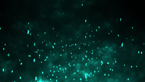 Animación-3D-Movimiento-Llamas-Ardientes-Brasas-Chispas-Fuegos-Artificiales-Resplandor-Volando-Partículas-Ardientes-Sobre-Fondo-Negro-Efecto-Visual-4k-Aguamarina-Verde-Azulado