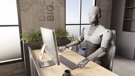 Futuristischer-Roboter,-Humanoider-Cyber-Roboter,-Der-Allein-In-Einem-Modernen-Büro-Arbeitet,-Mit-Laptop-3D-Rendering-Animation,-Künstliche-Intelligenz-übernimmt