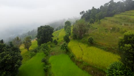 Luftüberführung-Alter-Häuser-Am-Hang-Des-Nepalesischen-Berges-Mit-Tropischem-Landwirtschaftlichen-Feld-Bei-Sonnenuntergang