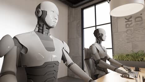 Colega-De-Robot-Futurista-Cibernético-Humanoide-Trabajando-Juntos-En-Una-Oficina-Moderna-Con-Una-Computadora-Portátil,-Animación-En-3d,-Inteligencia-Artificial-Tomando-El-Control