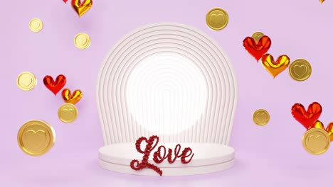 Online-Shop-E-Commerce-Anzeigeprodukt-Mit-Herzhintergrund-In-Goldmünzenballons-Und-Liebesbriefen-Für-Die-Valentinstagsfeier,-Romantische-Paarangelegenheitsanimation