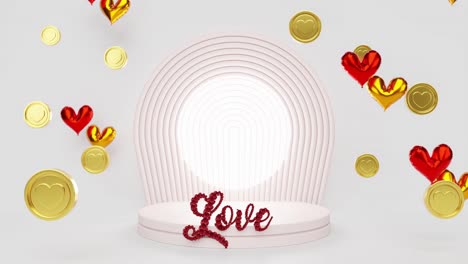 Ausstellungsprodukt-Mit-Herzhintergrund-In-Goldmünze-Und-Luftballons-Und-Liebesbriefen-Für-Die-Valentinstagsfeier,-Romantische-Paaraffäre,-Rendering-Animation,-E-Commerce-Onlineshop-Rabattverkauf