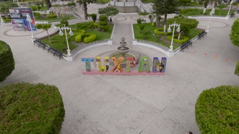 Aerial-Revealed-Themed-Garden-Park-In-Tuxpan-City-Center,-Jalisco,-Mexico