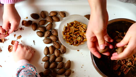 Overhead-close-up-of-kids-and-adult-female-hands-shelling-pecan-nuts